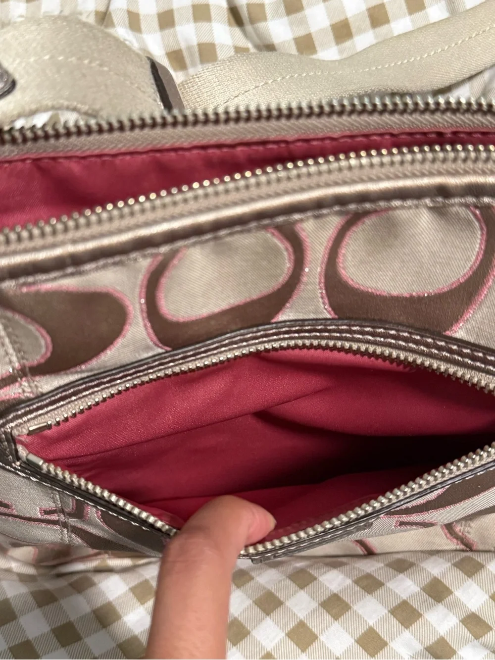 Coach Beige Crossbody with Pink Stitching Detail